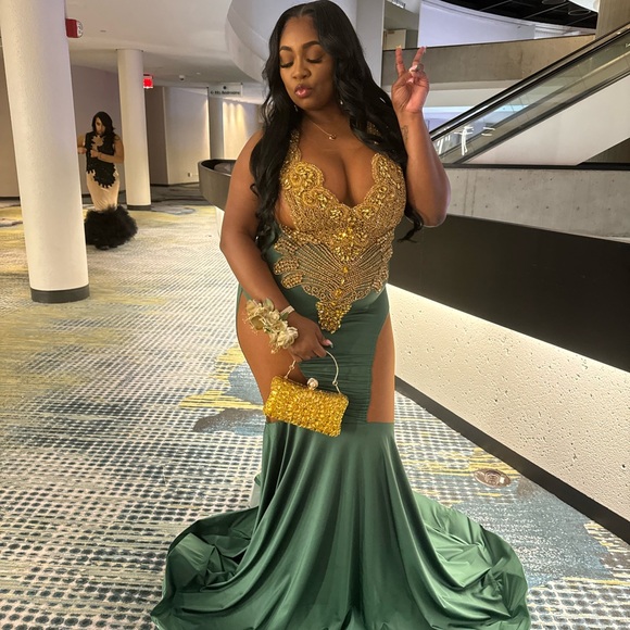 Elegant Green and Gold Evening Gown/ PROM DRESS - Main Image
